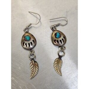 Sterling Silver Turquoise Bear Paw & Feather Dangle Earrings